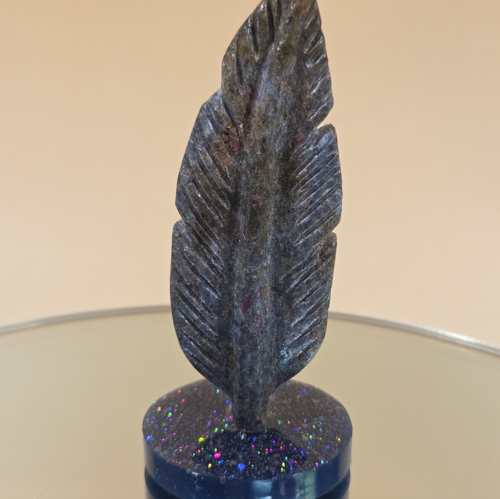 Genuine Natural Ruby Epidote Handcarved Feather On Handmade Resin Display